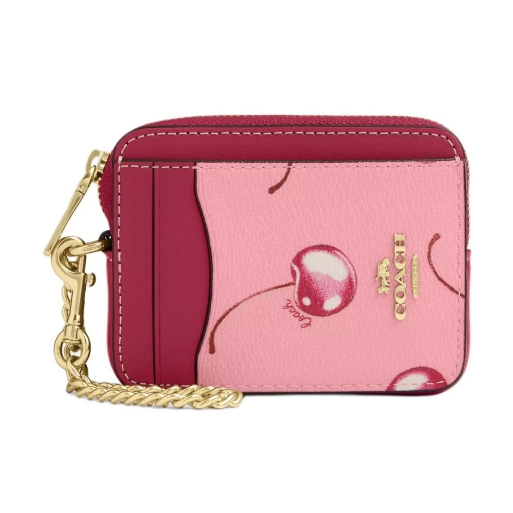 NWT COACH Zip Card Case CHERRY🍒Print Leather CR832 In Flower Pink